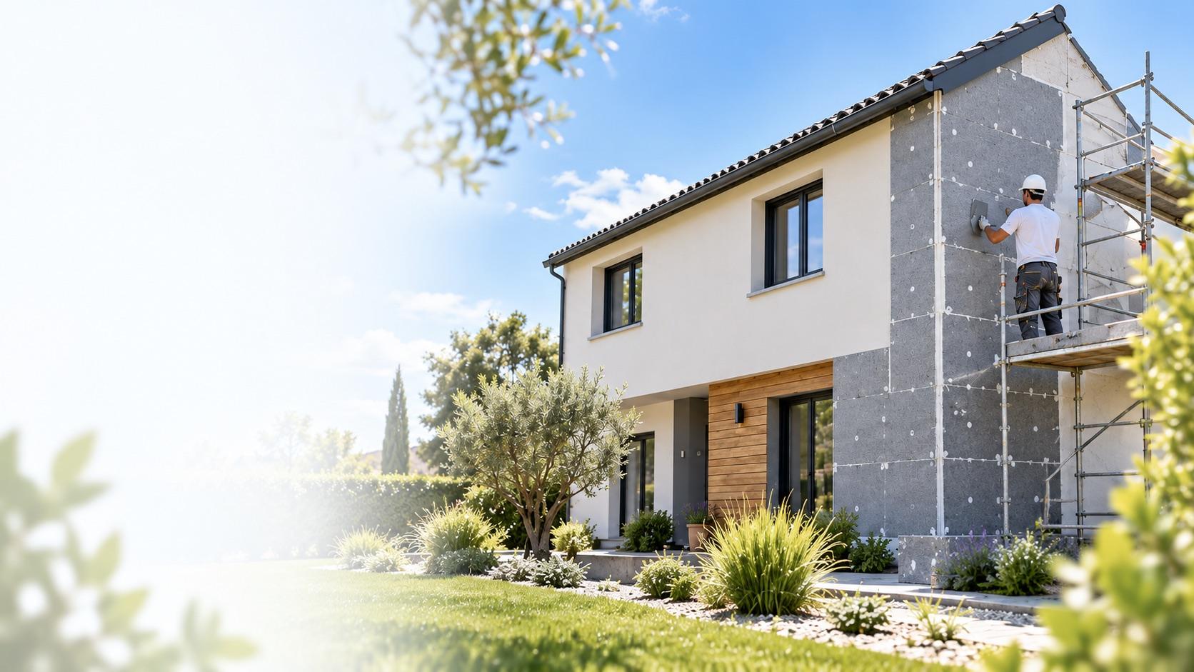 Maison individuelle en cours d'isolation thermique par l'extérieur : un applicateur pose l'isolant sur le mur pignon depuis un échafaudage, le reste de la façade étant déjà enduit