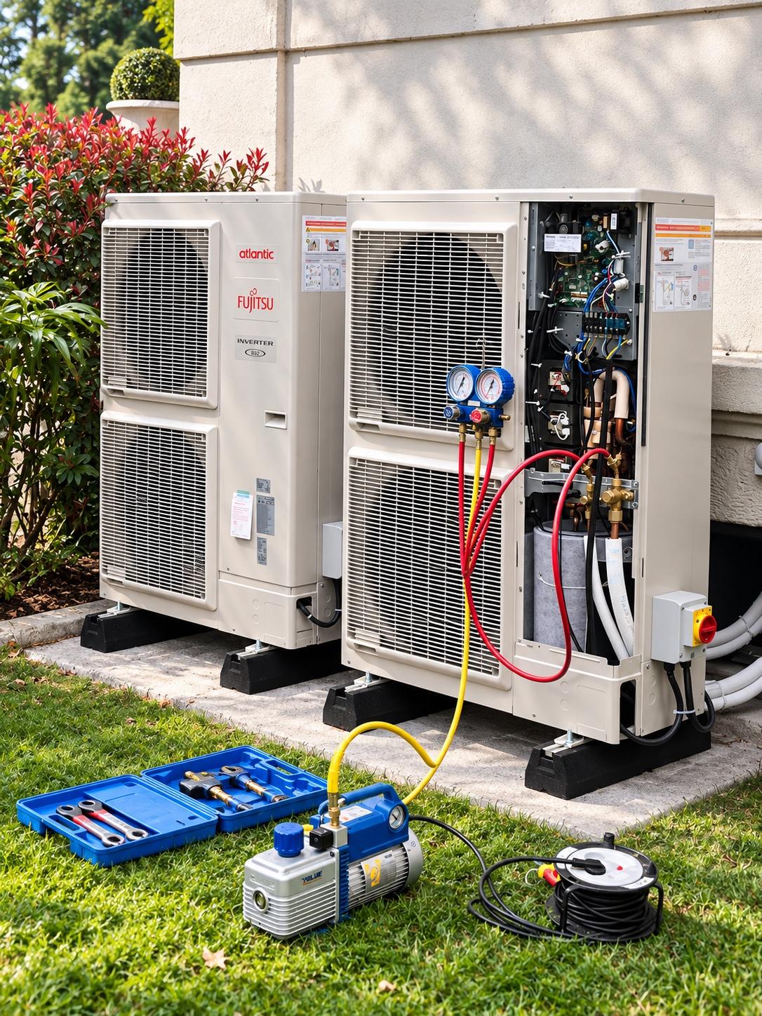 Deux groupes extérieurs de pompe à chaleur air/eau installés par Priorité Environnement, capot ouvert pendant la mise en service, manifold et pompe à vide raccordés