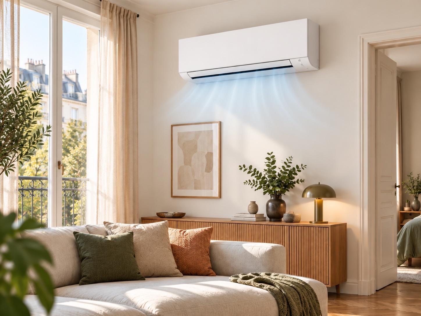 Séjour lumineux équipé d'une unité intérieure de pompe à chaleur air/air diffusant de l'air frais