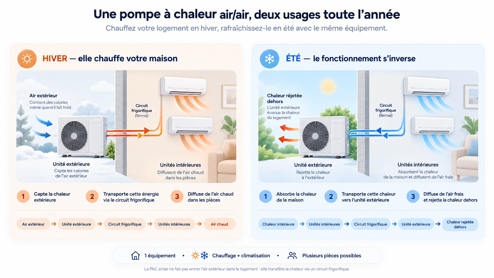 Schéma en deux volets : en hiver, la pompe à chaleur air/air capte les calories de l'air extérieur et les unités intérieures diffusent de l'air chaud ; en été, le fonctionnement s'inverse, les unités intérieures absorbent la chaleur du logement et l'unité extérieure la rejette dehors