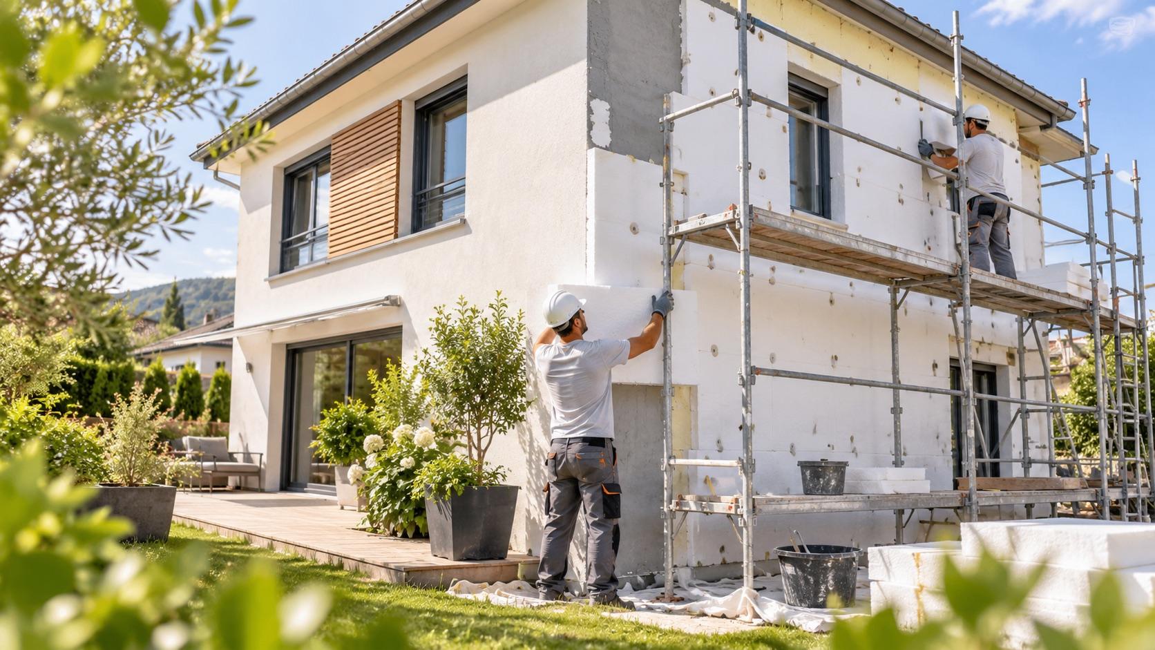 Chantier d'isolation thermique par l'extérieur : pose des panneaux isolants sur la façade d'une maison individuelle, échafaudage en place